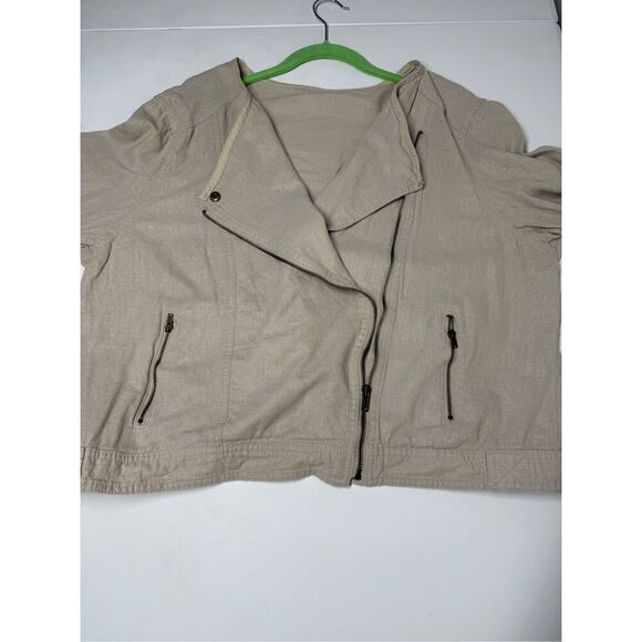 GAP Solid Tan Fitted Linen Moto Shine Jacket Lightweight Sz L Full Zip *Notes - Picture 7 of 13